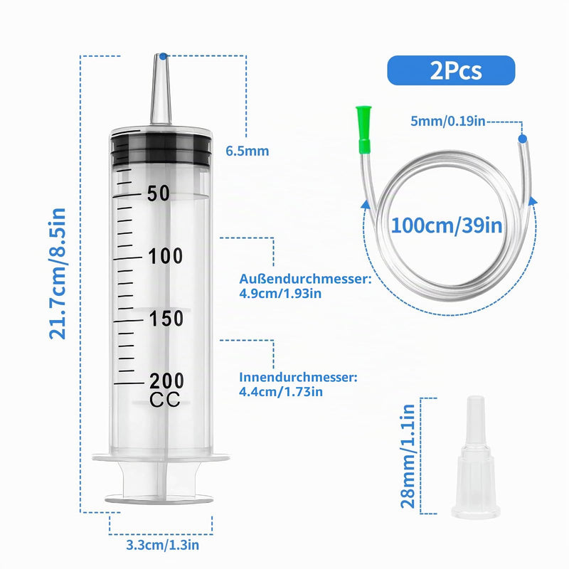 Syringe Syringe 200 ml Large Syringe with Hose Pack of 2 | Oil Syringe, Large Syringe for Engine Oil, Gear Oil, Reusable Liquid Plastic Syringe for Industry Laboratory and Garden 200ml