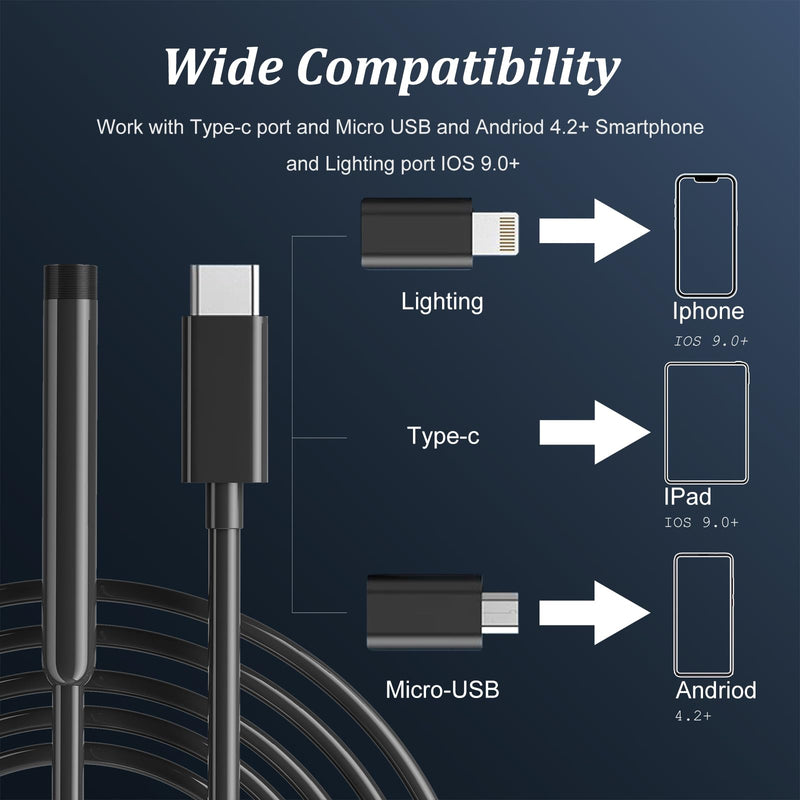 Endoscope Camera with Light, 1920P HD Borescope with 8 Adjustable LED Lights, 10ft Semi-Rigid Snake Cable, 7.9mm IP68 Waterproof Industrial Inspection Camera Compatible for Android, iPhone, iPad