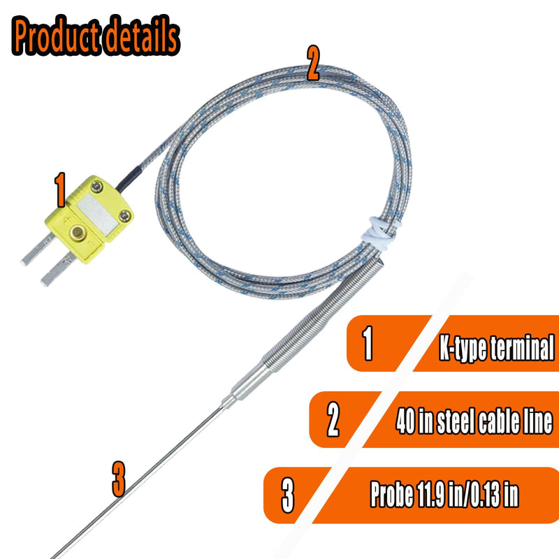 [Australia - AusPower] - 2-Pack TL1918SL K-Type thermocouple Probe Probe 11.9 inches/0.13 inches Cable 40 inches Measurement Range 40°F-1100°F 
