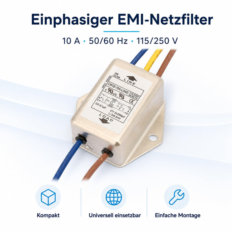 Jadeshay EMI Filter, CW1B-10A-L(040) Single-Phase Filter EMI Mains Filter 125/250V | High performance, for suppressing continuous and intermittent pulse interference