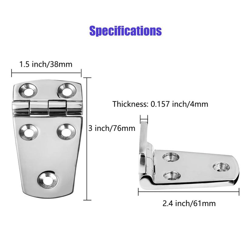 Marine Boat Hatch Hinges Stainless Steel, 3 inch x 1.5 inches(76 x 38mm) 5 Holes, No Noise, Heavy Duty 316 Stainless Steel with Screws (4 PCS) 3 x 1.5 inch（4 Pieces）