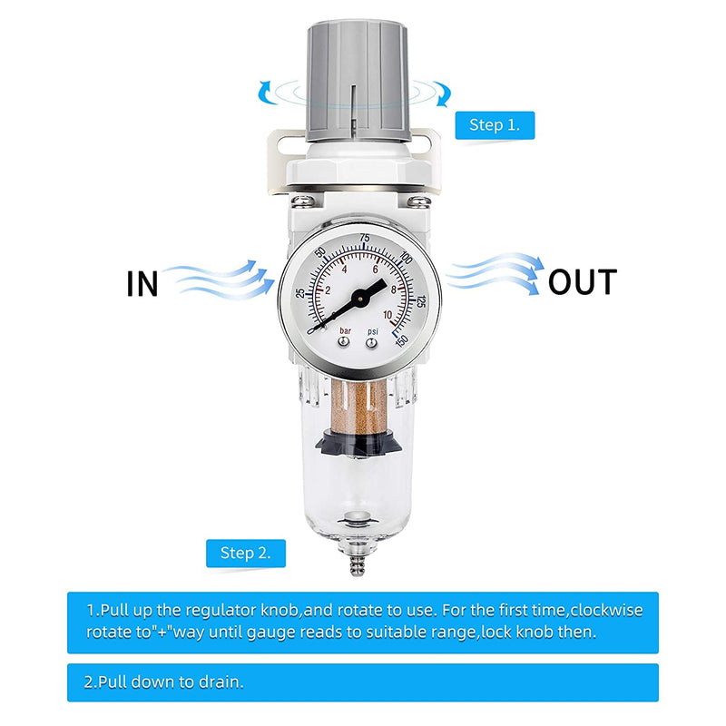 [Australia - AusPower] - NANPU 1/4" NPT Compressed Air Filter Regulator Combo Piggyback, 5 Micron Brass Element, Poly Bowl, Semi-Auto Drain, Metal Bracket, 0-150 psi Gauge Semi-Auto Drain, Metal Coupler&Plug 