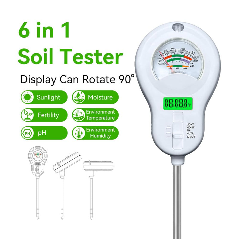 [Australia - AusPower] - Soil Tester 6-in-1 Soil Moisture Meter Sunlight/Moisture/Fertility/PH/Environment Temperature/Environment Humidity,Backlight LCD Display for Gardener,Lawn, Farming,Plant Care,Potting Soil Growing 