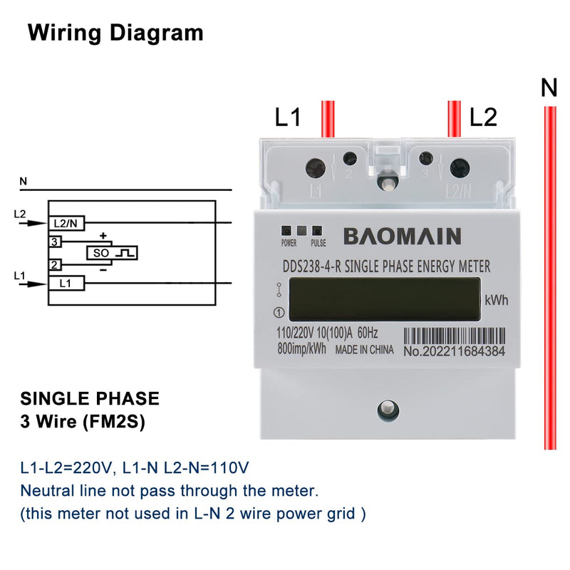 [Australia - AusPower] - Baomain DDS238-4-R DIN Rail Single-Phase Three-Wire Kilowatt Hour kwh Meter 10A(100A),110V/220VAC,60Hz,LCD Display Energy Meter for AC Systems 