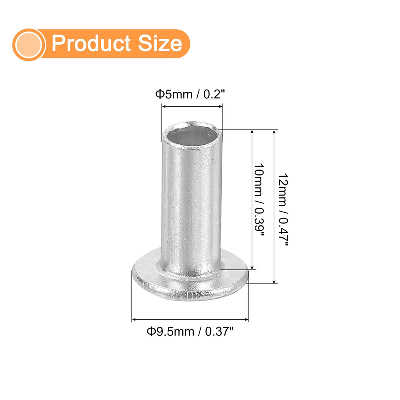 [Australia - AusPower] - uxcell 100Pcs Semi Tubular Rivets, 5mm x 10mm Aluminum Round Flat Head Semi-Tubular Rivet Metal Stud Rivet for Industry Household Repairing Fastening, Silver 100 