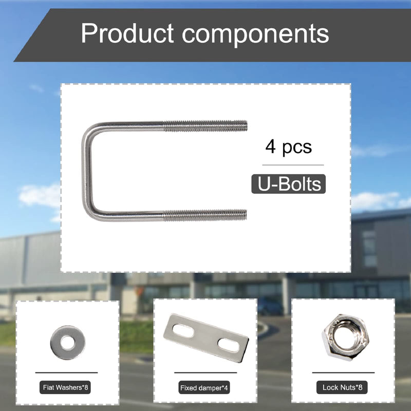 [Australia - AusPower] - U Bolt, 4 Sets 1.6'' (40mm) Inner Width 304 Stainless Steel M6 Square U-Bolt Plate Screw Nut Fastener, 37/38mm Pipe, Boats, and Other Home Industrial Applications, Silver, x W-1.6'' x L-3.1'' M6 x W-1.6" x L-3.1" 