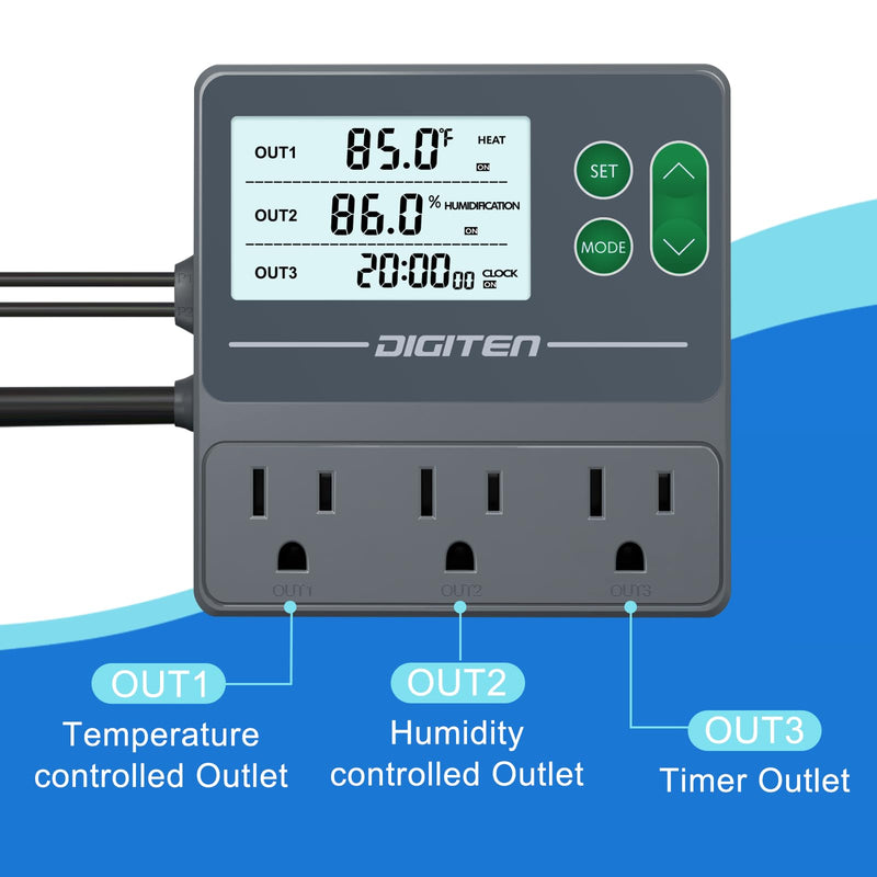[Australia - AusPower] - DIGITEN Temperature and Humidity Controller with Timer - 3 Outlet, 2 Separate Probes, Plug in Temperature Controller for Reptiles,Snake, Mushrooms, Tent, Triple Control for Temp,Humidity,Time 