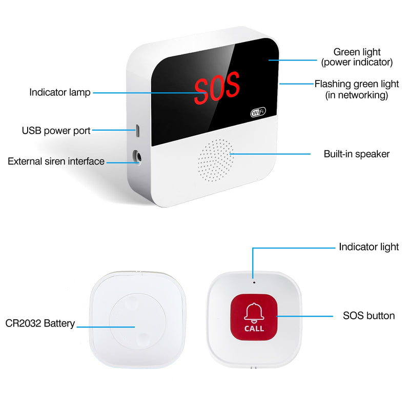 [Australia - AusPower] - WiFi Elderly Monitoring, Caregiver Pagers Life Alert Systems for Seniors no Monthly Fee, 1 Receiver & 2 Panic Button, Compatible with Tuya Smart/Smart Life APP (Only Supports Wi-Fi 2.4GHz ) 1 Receiver+2 Button 