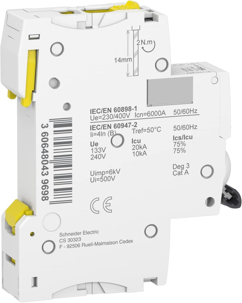Schneider Electric Acti9 iC60N A9F03116 Circuit Breaker | 1-pin, 16A, B-characteristic, 10kA, 1 piece set of 1
