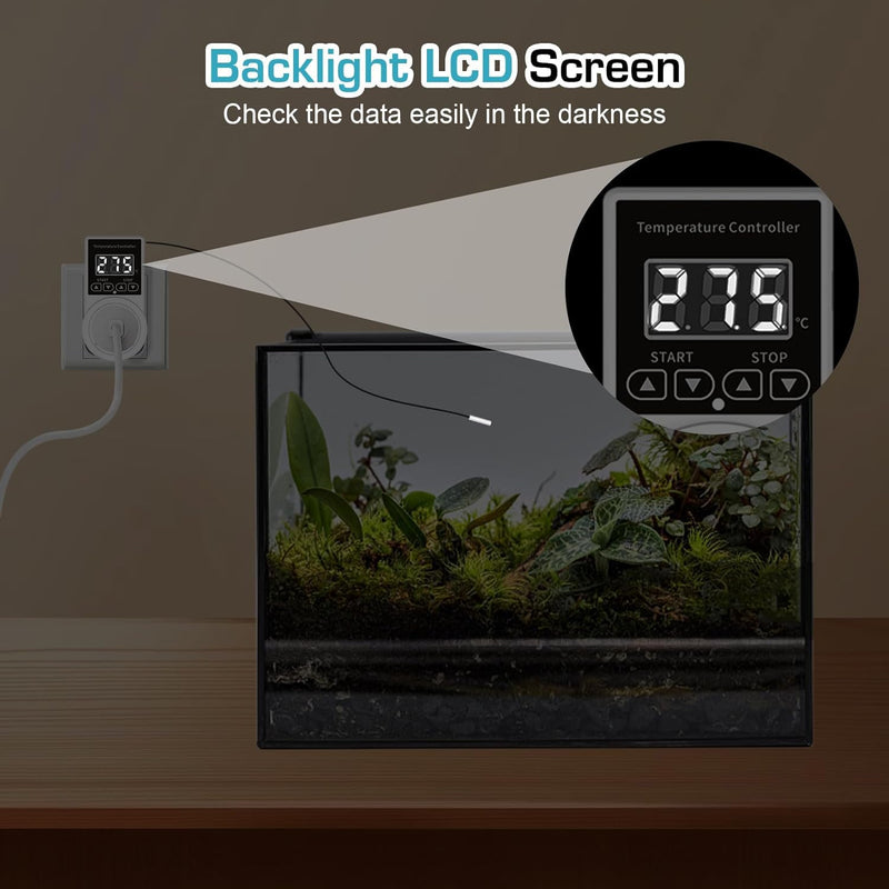 [Australia - AusPower] - Digital Thermostat Plug Socket, LCD Screen Temperature Controller US Plug with Water Proof Sensor Probe, Heating Cooling Temperature Switch Outlet for Reptile Greenhouse Terrarium Home 