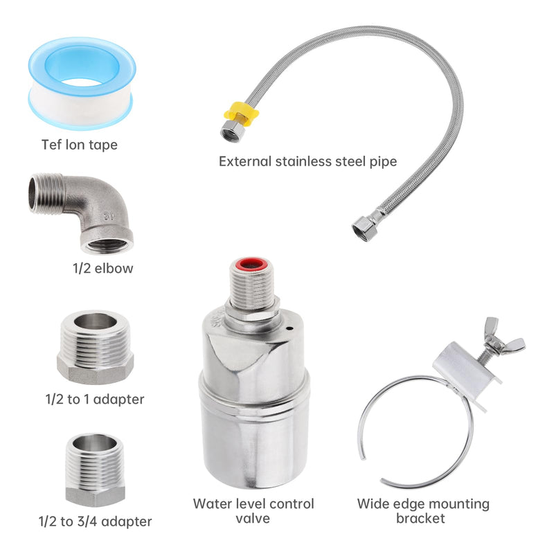1/2 inch Float Valve, PNXKTXO Water Level Control Float Valve 1/2" to 3/4'' and 1/2'' to 1'' 304 Stainless Steel Fully Automatic Water Level Control Shut Off Valves Hose Connector Style 3