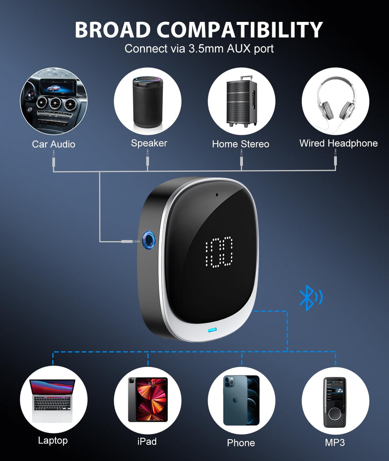 [Australia - AusPower] - COMSOON AUX Bluetooth Adapter for Car, [LED Screen] Bluetooth 5.3 Receiver for Speaker/Home Stereo/Wired Headphones, 3.5mm Wireless Audio Receiver for Hands-Free Call/Music, Dual Connection 