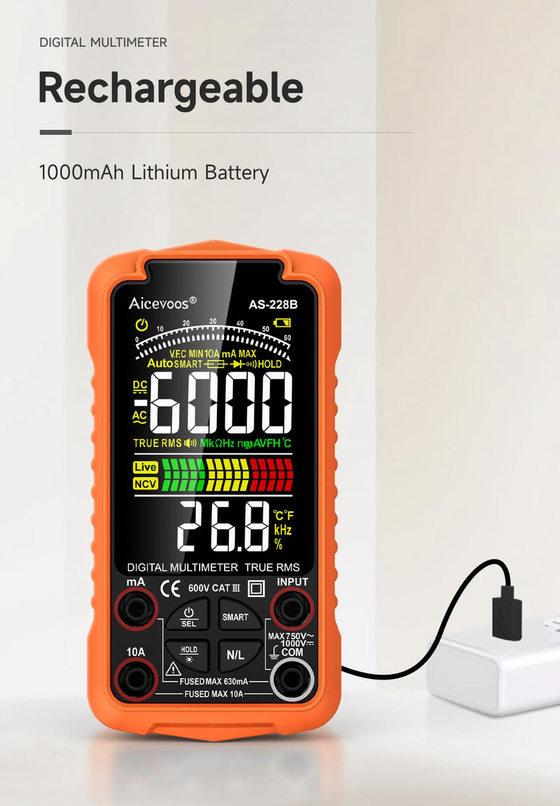 [Australia - AusPower] - AS-228B Smart Digital Multimeter, Auto-Ranging Volt Meter, TRMS 6000 Counts Voltage Tester Measures Voltage, Capacitance, Frequency, NCV, Ohm, Continuity, Diode, Live Wire for DIY 
