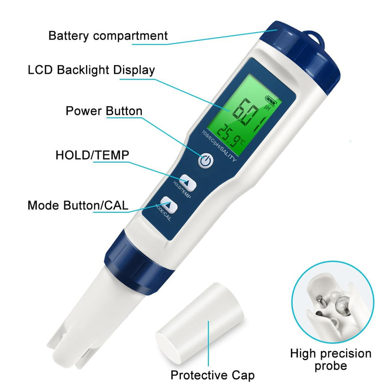 [Australia - AusPower] - 5 in 1 LFS TDS Meter PH Tester, 0.01 High Accuracy Digital PH Meter for Water, PH/TDS/EC/Salt/Temp Tester, PPM Meter Water Tester for Drinking Water, Hydroponics, Plants, Aquarium and Pool 