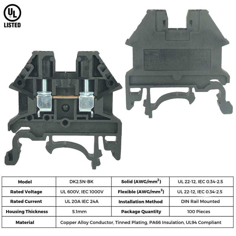 [Australia - AusPower] - Dinkle Black DK2.5N-BK DIN Rail Terminal Block Screw Type UL 600V 20A 12-22AWG, Pack of 100 