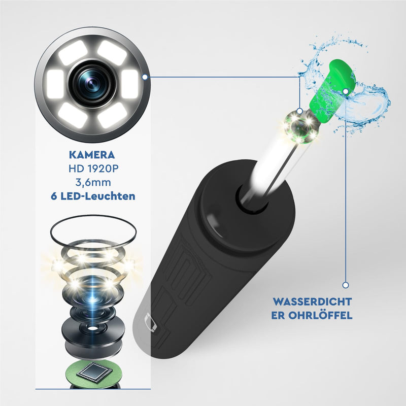 Ear Wax Remover Otoscope with Camera 1920p 3.6 mm WiFi Ear Cleaner - UdiGuard Ear Mirror Ear with 6 LED Lights Dogs Adults and Children - Compatible with iPhone iPad Android Black Udiguard Black Otoscope