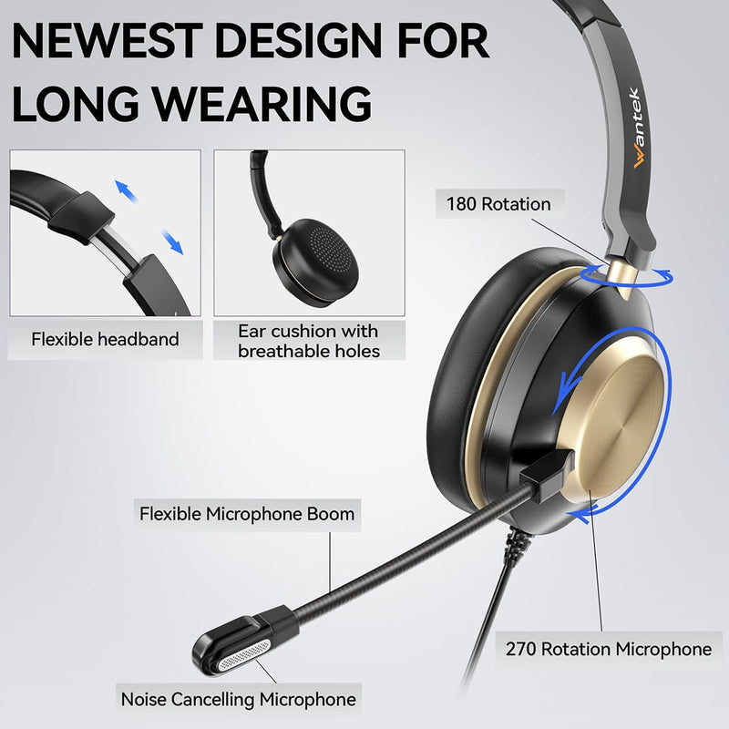 [Australia - AusPower] - Wantek USB Computer Headset with Clear Chat Microphone, Lightweight On Ear Wired Headset for MS Teams,Skype,Webinars,Call Center and More 88USBA 