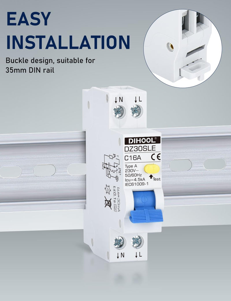 [Australia - AusPower] - DIHOOL FI/LS Circuit Breaker 16 A 30 mA 0.03 2-Pin RCBO C16A Residual Current Circuit Breaker with 18 mm Width Bi-Directional Connection FI LS Switch Type-A, C16A 
