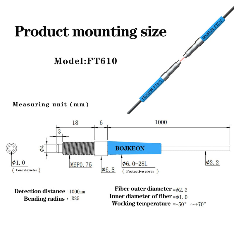[Australia - AusPower] - FT610 Fiber Optic Sensor,Through-Beam Reflection Fiber Optic,1m Line Length,M6 Sensor Probe Through-Beam Reflection Optical Sensor 