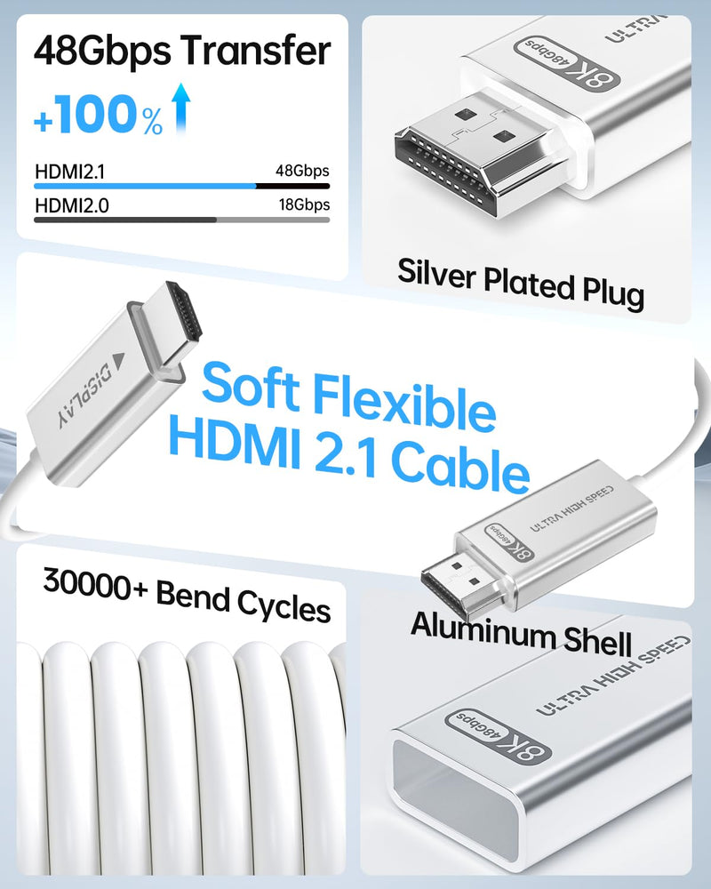 10K 8K Fiber Optic HDMI 2.1 Cable 16.5ft, HDMI Cable White Super Flexible 48Gbps, 8K60Hz & 4K120Hz, Support eARC, Dolby, HDCP 2.2&2.3, HDR 10, Compatible with Blu-ray Roku LG PS5 PS4 Xbox 16.4FT