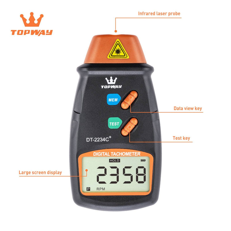 [Australia - AusPower] - TOPWAY Digital Tachometer, Handheld Non-Contact Digital Photo Tachometer RPM Tester, LCD Display, Measuring Range 2.5RPM - 99,999RPM, for Motors, Wheels, Fans, with Carrying Bag 312752 