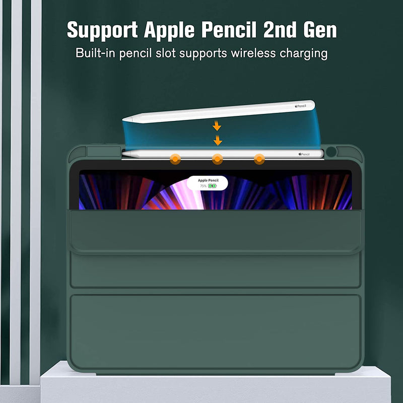 [Australia - AusPower] - ZryXal New iPad Pro 11 Inch Case 2022(4th Gen)/2021(3rd Gen)/2020(2nd Gen) with Pencil Holder, Smart iPad Case [Support Touch ID and Auto Wake/Sleep] with Auto 2nd Gen Pencil Charging (Midnight Green) Midnight Green 