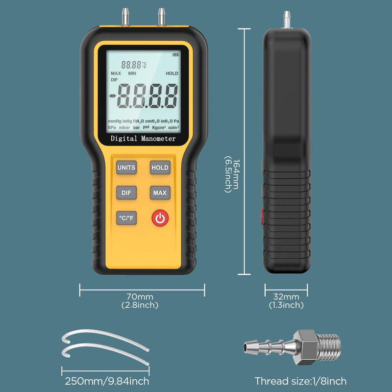[Australia - AusPower] - Manometer, Professional Air Pressure Meter, Handheld HVAC Manometer 12 Selectable Units Differential Pressure Gauge, Dual-Port Manometer Gas Pressure Tester with Backlight (Included Battery) QX1201?12 Selectable Units? 