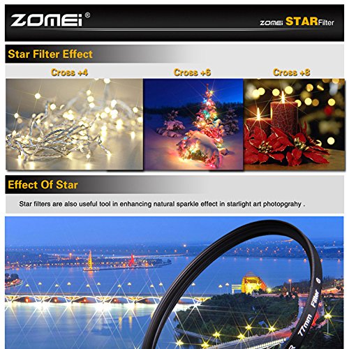 Zomei 77mm Star-Effect Cross Starburst Twinkle Lens Kit + 4 Points Star Filter + 6 Points Star Filter + 8 Points Star Filter Set for Canon Nikon