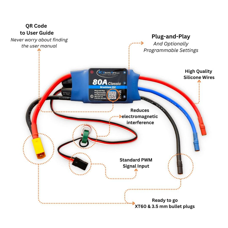 80A RC Electric Speed Controller ESC for Brushless Motors 5.5v 4A UBEC with XT60 & 3.5mm Bullet Plugs 80 Amp - XT60