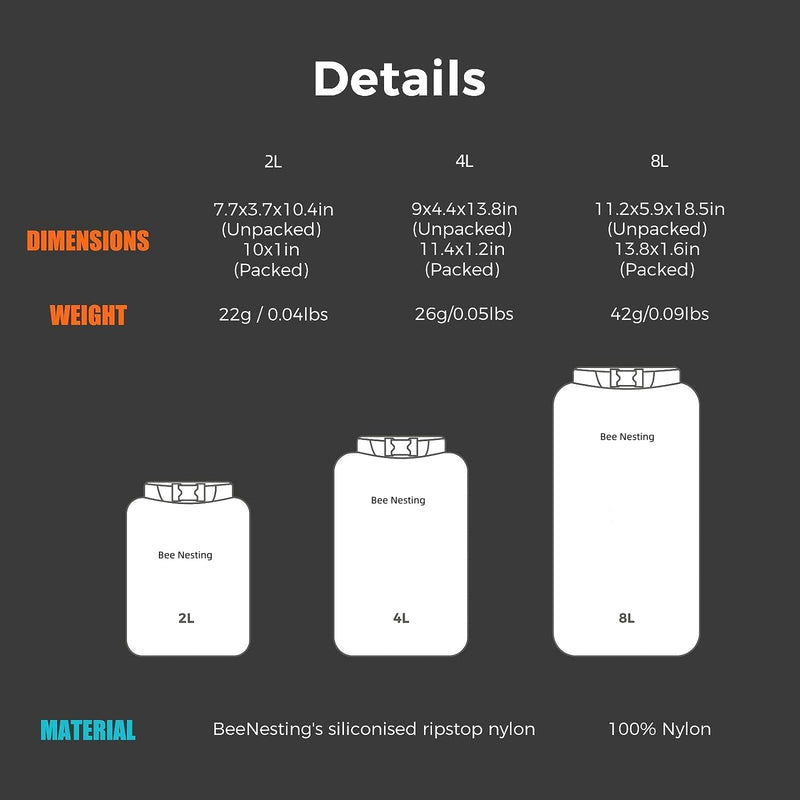 Bee Nesting Waterproof Dry Bag Lightweight Dry Sack Marine Dry Bags Suitable for swimming,kayaking,rafting boating, surfing, outdoor travel, mountaineering,hiking Blue/Green/Grey 2L 4L 8L