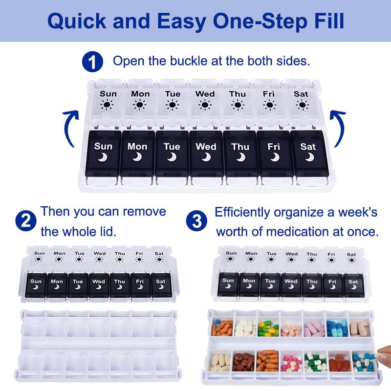 [Australia - AusPower] - HRX Package Pill Organizer 2 Times a Day, Easy Fill & Open Weekly Medicine Box Vitamin Cases for 7 Day AM PM Black and White 
