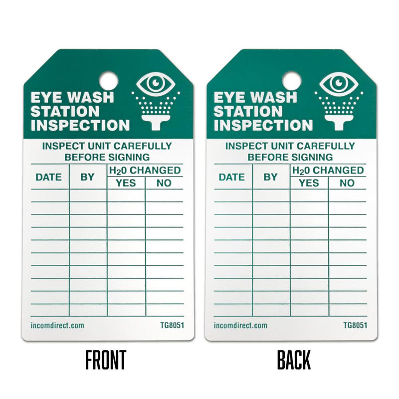 INCOM Manufacturing Inspection Tags, Eye Wash Station Inspection,Heavy-Duty DuraPly™ Stock,Waterproof & Tear-Resistant,Green/Black On White, 5.75 Inch X 3.375 Inch X 10 Mil Thickness, 25 Pack,TG8051PT