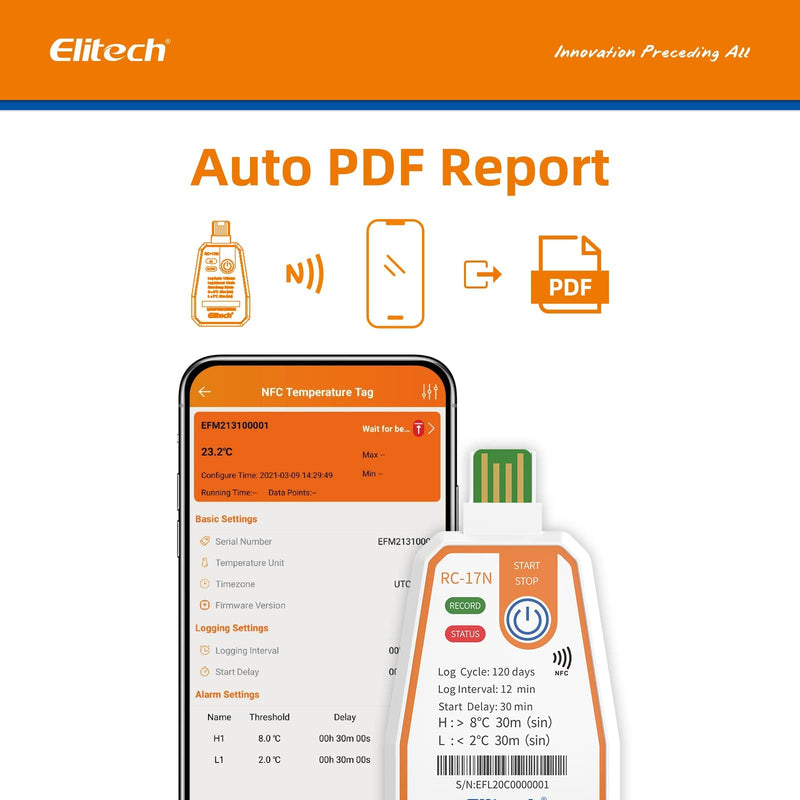 [Australia - AusPower] - Elitech 2Pack USB/NFC PDF Data Logger Recorder Single-use Disposable, up to 120 Days Transportation, Temperature Monitoring Report -22～158℉ RC-17N 120days RC-17N-NFC 2 