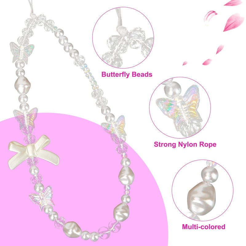 [Australia - AusPower] - 2pcs Beaded Phone Bracelet Strap, Crystal Butterfly Flower Pearl Phone Beaded Wrist Strap Phone Bracelet Lanyard for Women Phone Keychain Charm (White, Purple) 