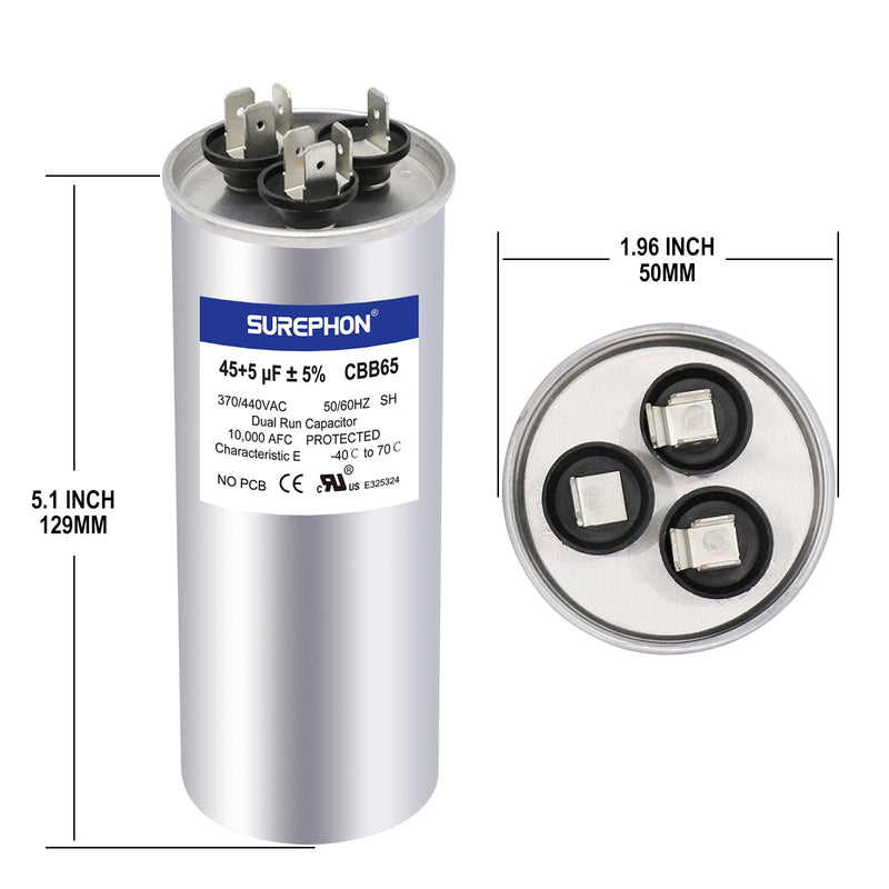 [Australia - AusPower] - 45+5 uF 45/5 MFD ±5% 370V/440VAC Dual Run Start Capacitor CBB65 Works for AC Unit Fan Motor Start or Heat Pump or Condenser Straight Cool 45+5MFD NEW 