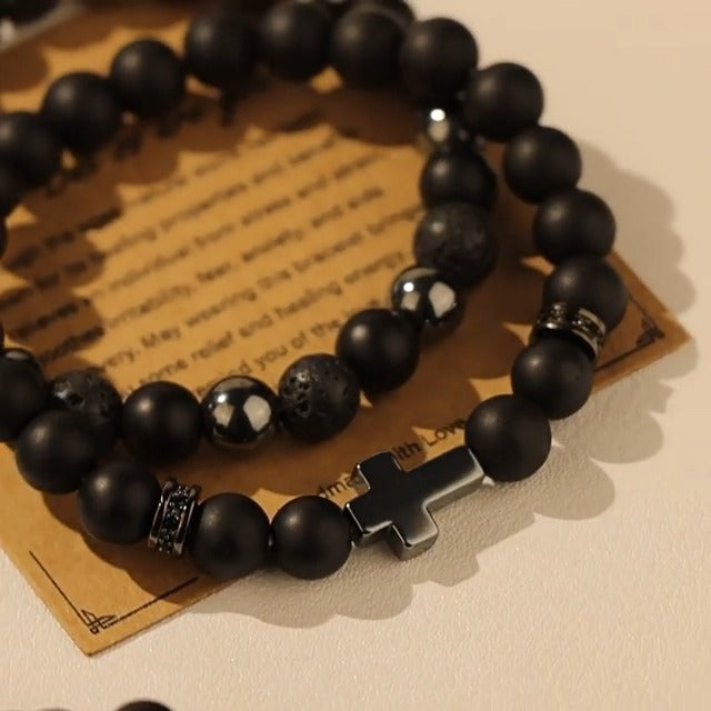 Natural Stone Bracelet 8mm Mens Black Beaded Bracelets Hematite Obsidian Onyx Lava Beads Bracelet Healing Crystal Bracelet for Men Skull
