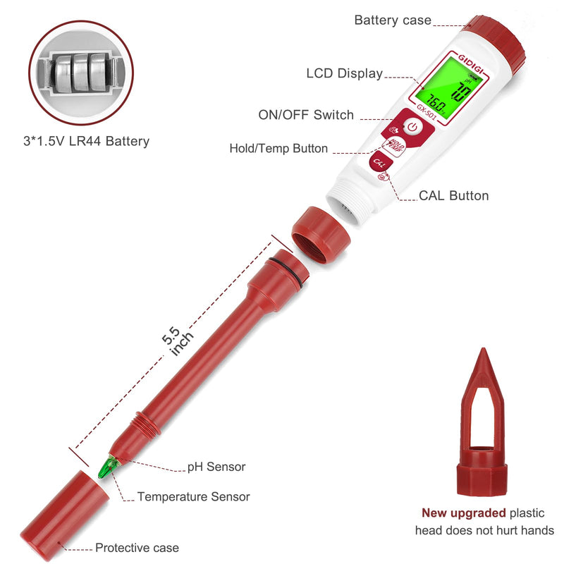 [Australia - AusPower] - Digital pH Meter High Accuracy UL-Certified Water Tester with 6 Packs Calibration Powders Color LCD Backlit Display with pH Test Strip for Pools Hydroponics Aquariums Hot Tubs Drinking Water Red 
