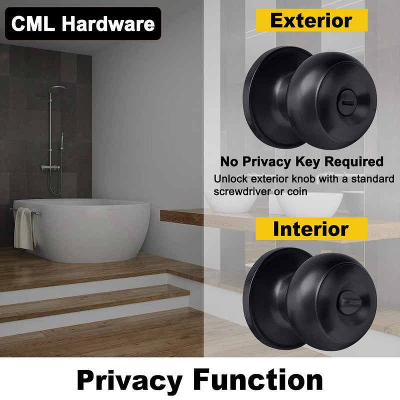 CML Hardware (2 Pack) Privacy Door Knob for Bedroom and Bathroom, Stainless Steel Keyless Door Locks for Bed/Bath, Round Ball Handle, Matte Black 2 Pack