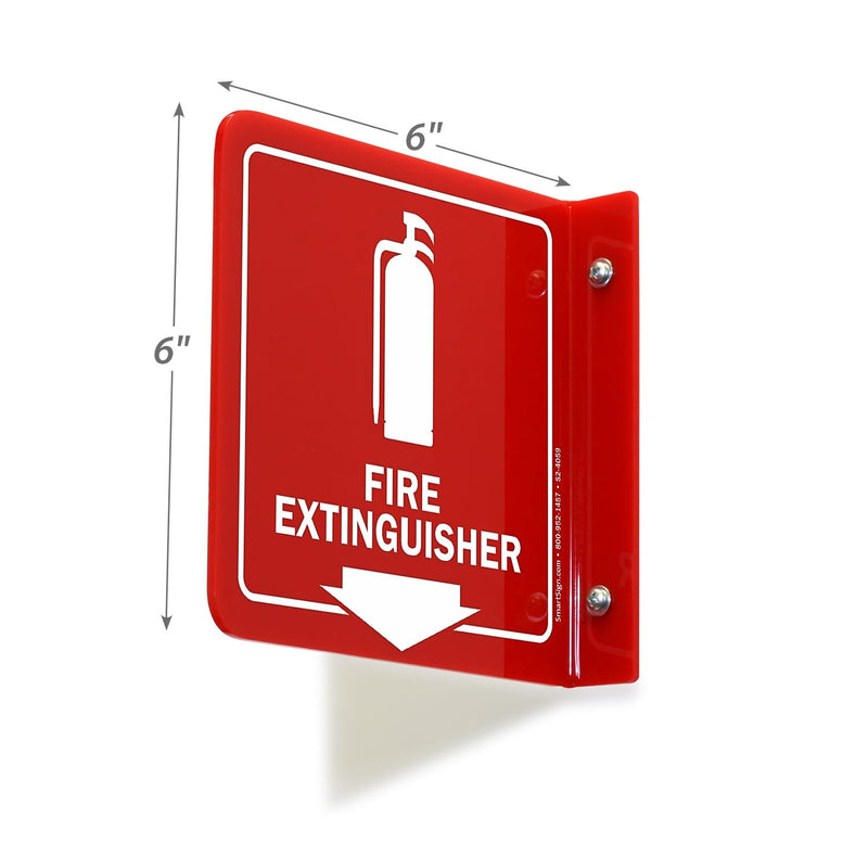 SmartSign (4-Pack) Fire Extinguisher Projecting Sign - 6" x 6", Two-Sided Wall Mount Polished Acrylic Hallway Sign with Down Arrow, White on Red 6" x 6" - Pack of 4