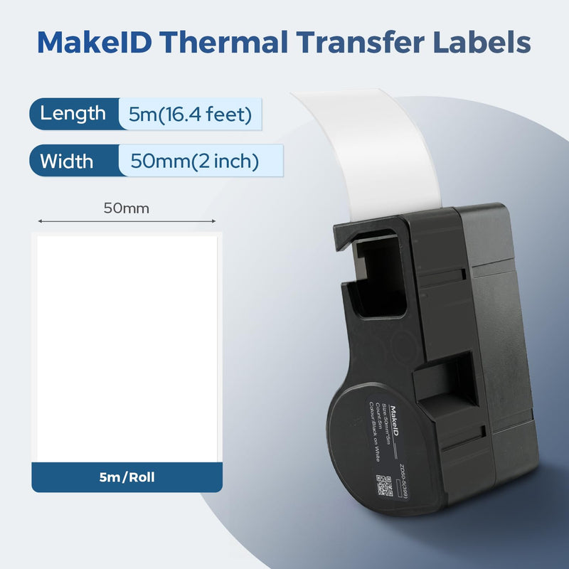 MakeID D50 Multi-Purpose Nylon Label Cartridge for Laboratory Labeling, Wire and Cable Labeling, General ID, Black on White - for D50 Label Printer, 16.4ft L 1.97"W x 16.4ft L Continuous