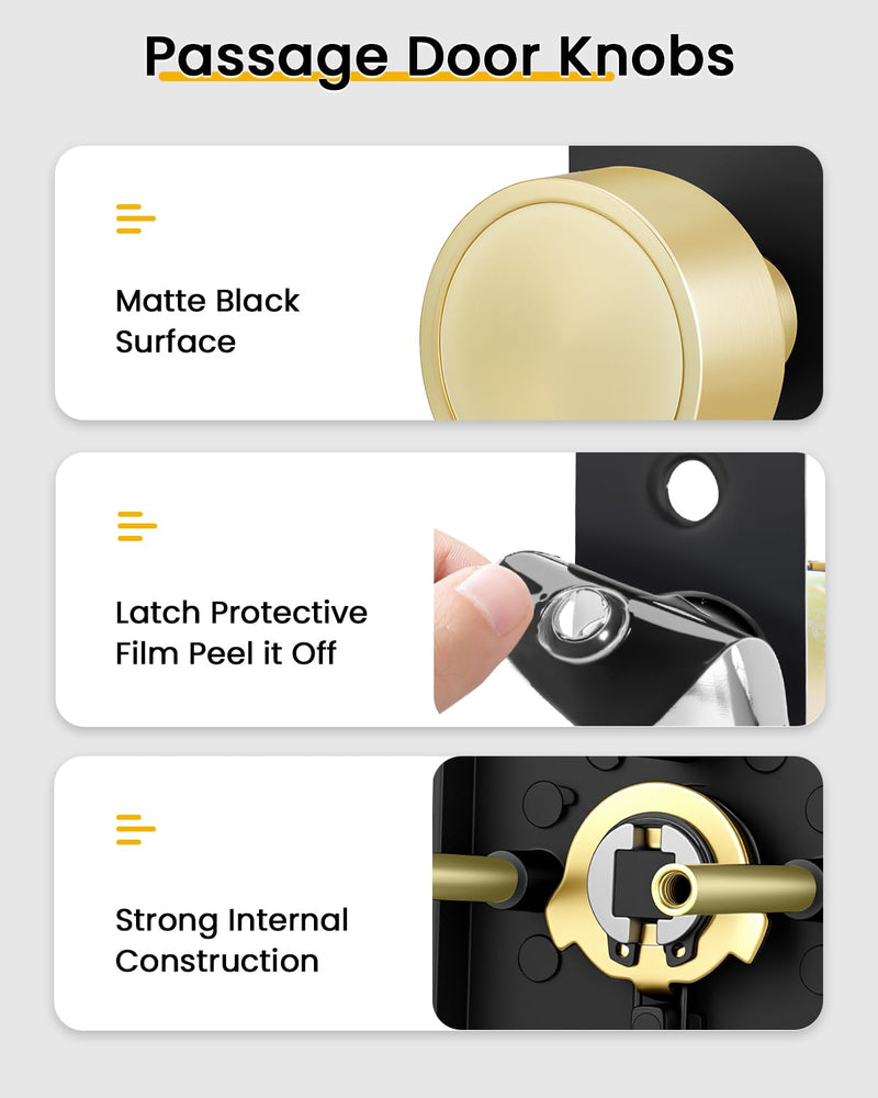 Goldenwarm Black Gold Closet Door Knob Interior, Zinc Alloy Matte Black Gold Passage Interior Door Knob, Rectangular Heavy Duty Modern Indoor DoorKnob for Closet, Hallway, 1 Pack Black Gold with Ring
