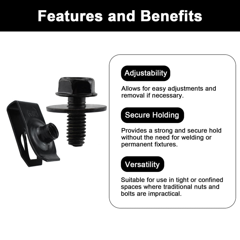 [Australia - AusPower] - 50PCS M6-1.0 Extruded U Nuts & Hex Head Body Bolts Kit for GM Ford Chevy Chrysler Jeep Dodge, Automotive Body Bolt & U-Nut Clips, Bumper Fender Liner Push Pull Metal Rust-Resistant U Retainer (Black) 