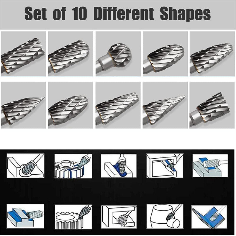 [Australia - AusPower] - Carbide Burr Set for Dremel, 10 Pieces Wood Metal Cutter with 1/8 Inch Shank for DIY Woodworking, Carving, Engraving, Drilling, Metalworking 