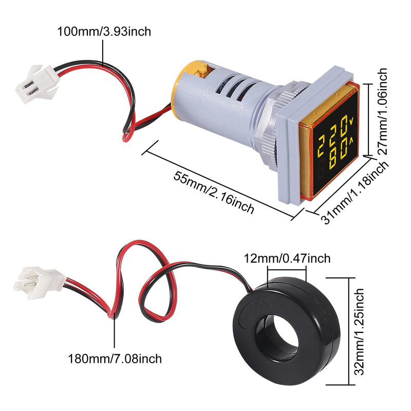 [Australia - AusPower] - 2pcs AC 60-500V 0-100A Digital Ammeter Voltmeter, 22mm Square LED Dual Display Voltage Gauge with Transformer, 110v 220v Voltage Tester Current Meter (Yellow) 