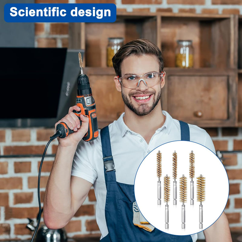 [Australia - AusPower] - 6 Pieces Brass Drilling Brushes in Different Sizes + 15 Pieces Cleaning Needles Nylon Brush Tools, Twisted Wire Brush with Handle, 1/4 Inch Hex Shank Attachment Drill Set for Pipes 