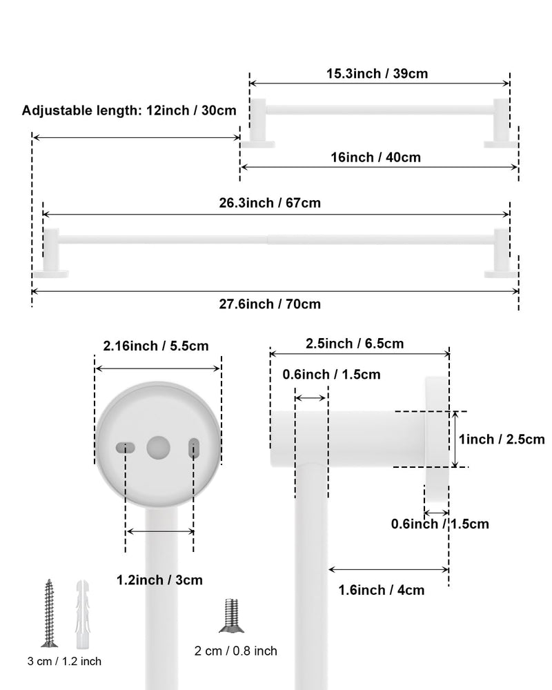 Adjustable Single Towel Bar 16 to 27.6 Inch, iMomwee Oil Rubbed White Finished Stainless Steel Bath Towel Holder, Wall Mounted Towel Rail for Bathroom Kitchen Washroom, 1" Diameter Towel Rod with Hook