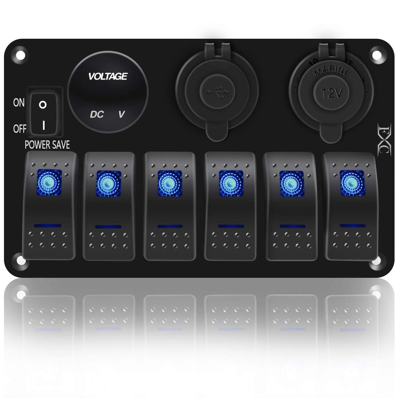 FXC Waterproof Marine Boat Rocker Switch Panel 6 Gang with 3.1A Dual USB Slot Socket + Cigarette Lighter +LED Voltmeter with Power-Save for Car Rv Vehicles Truck (6 Gang Blue LED)