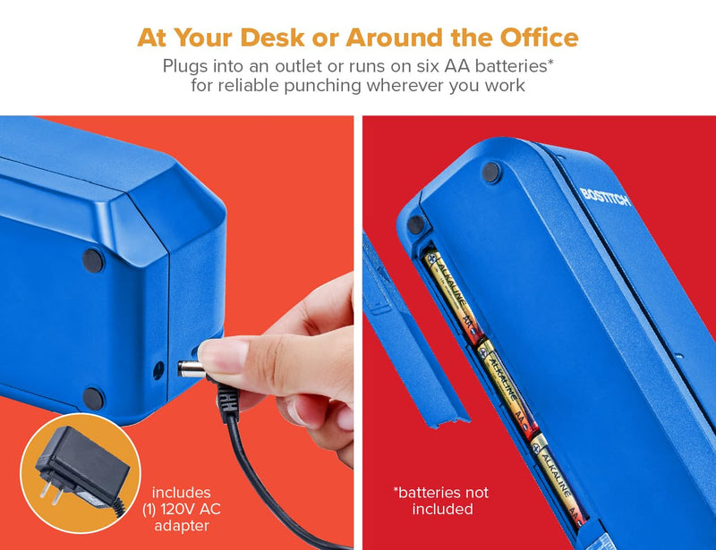 Bostitch Office Electric 3-Hole Punch, Dual Paper Loading, Heavy Duty, Jam-Free 20 Sheet Capacity, AC Adapter or Battery Powered, Space Saving, Blue, (EHP20-BLUE)