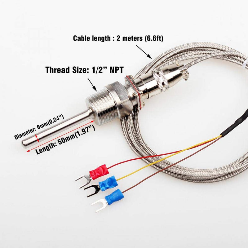 [Australia - AusPower] - RTD PT100 Temperature Sensor Probe 1/2" NPT Threads with 6.5 ft Cable,-58°F-572oF,Waterproof and Oil-Proof,Anti-Corrosion 