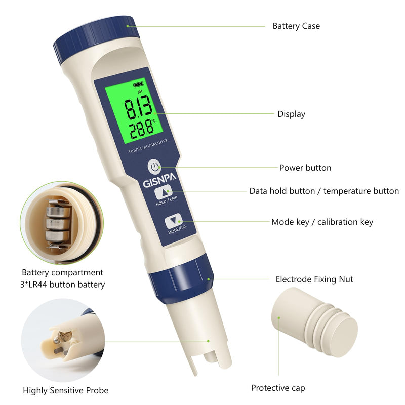 [Australia - AusPower] - 5-in-1 Salt Water Pool Tester, pH/TDS/EC/Salinity/Temp Meter, 0.01 Resolution High Accuracy Water Tester for Drinking Water, Hydroponics, Plants, Aquariums, Pool, Hot Tub Spas. 